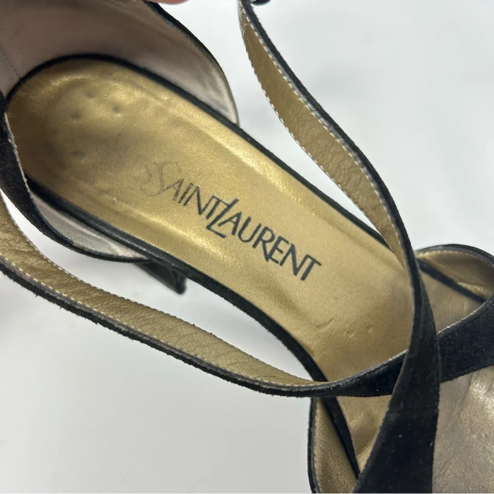 Yves Saint Laurent Suede Brown Strap‎ Pumps Size 7.5N Vintage Designer Shoes